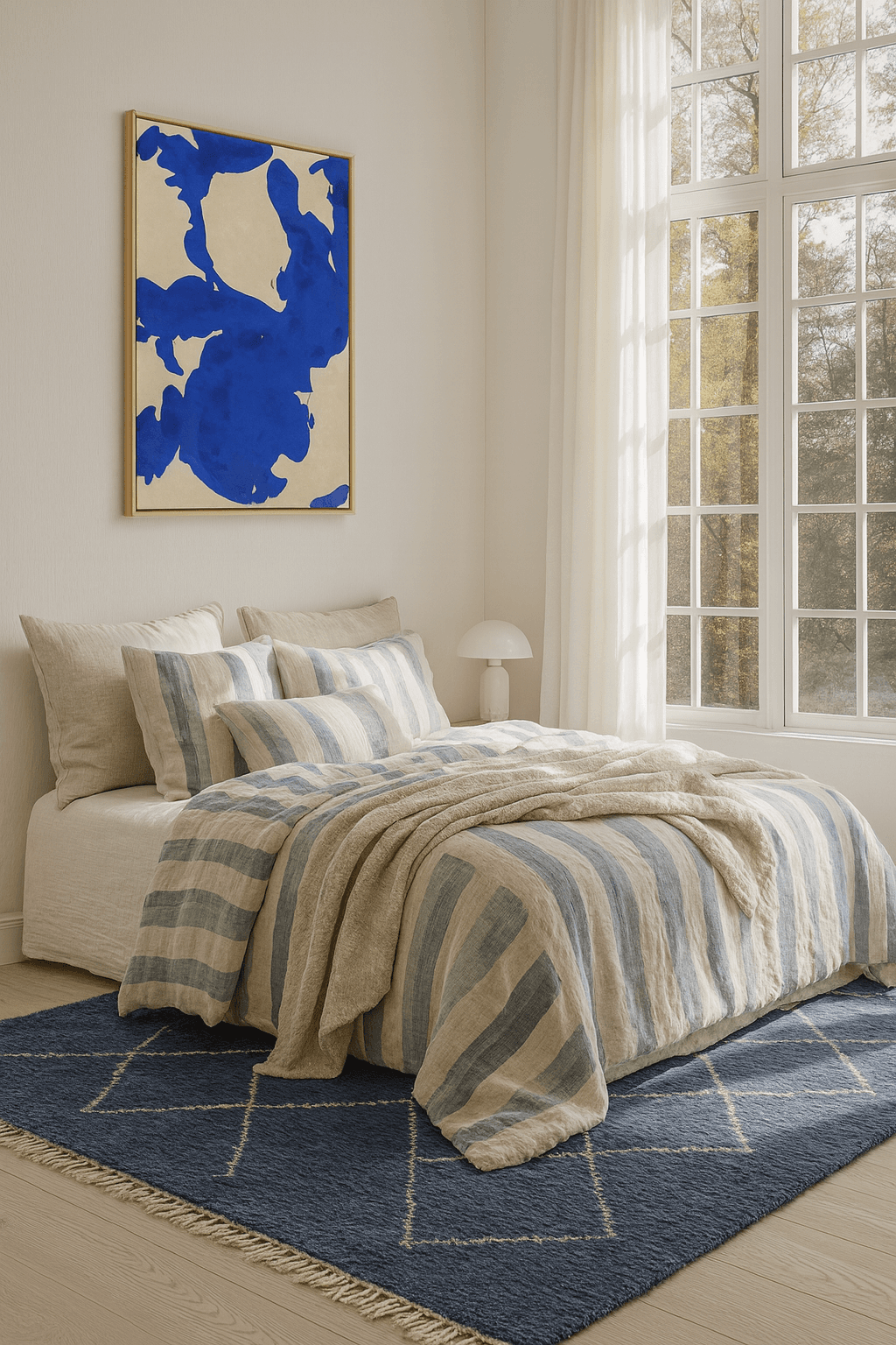 Bedroom with striped bedding